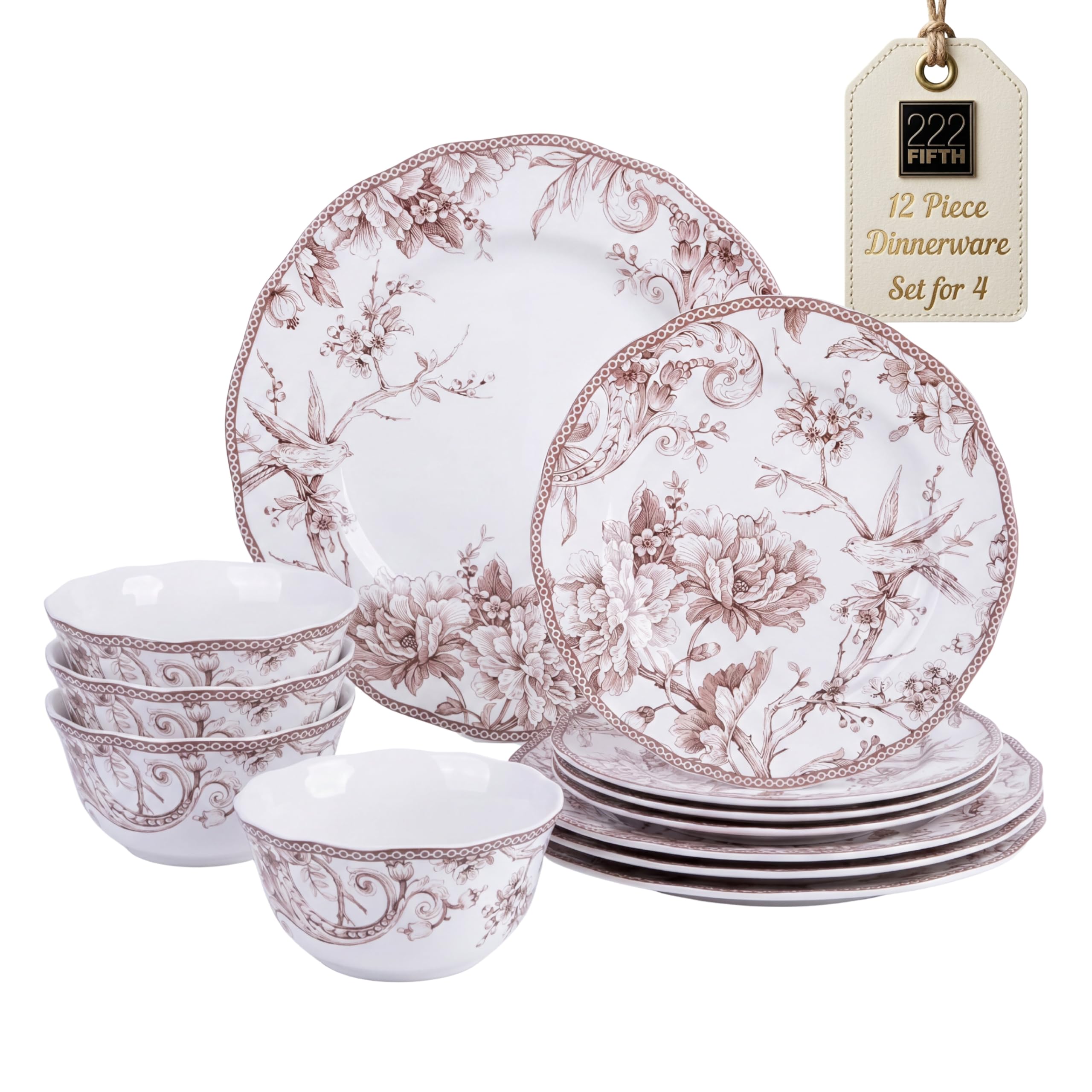Amazon.com | 222 Fifth Adelaide Brown on White 12-Piece Dinnerware